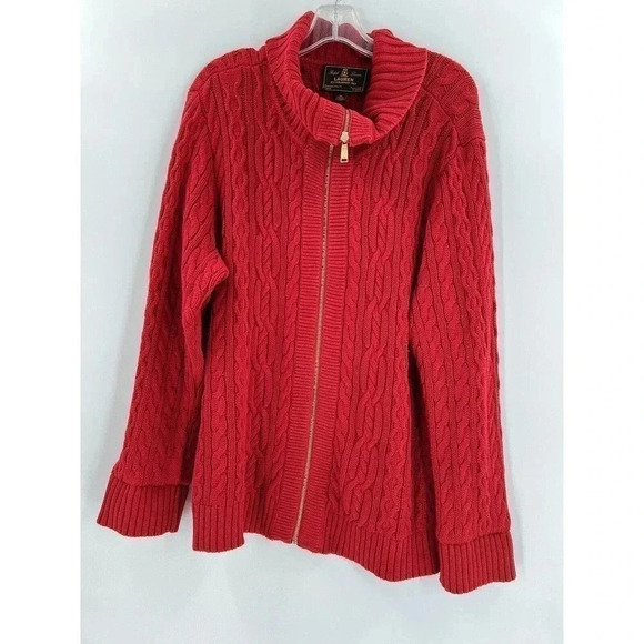 Lauren Ralph Lauren Black Label Red Cable-Knit Full-Zip Red Sweater 3Xlarge Plus - Picture 4 of 9